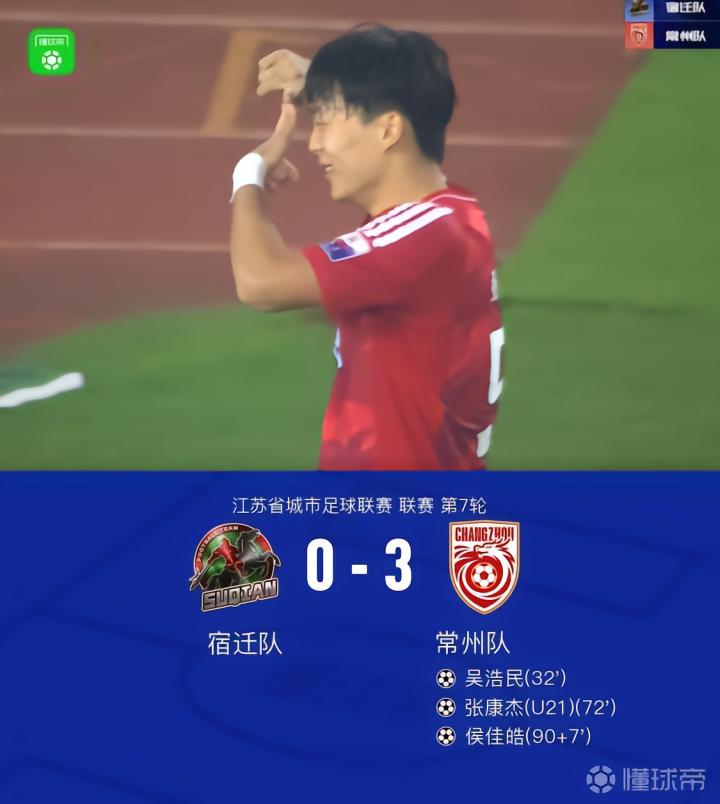 常州队3-0战胜宿迁队,张康杰世界波助力球队升至第二