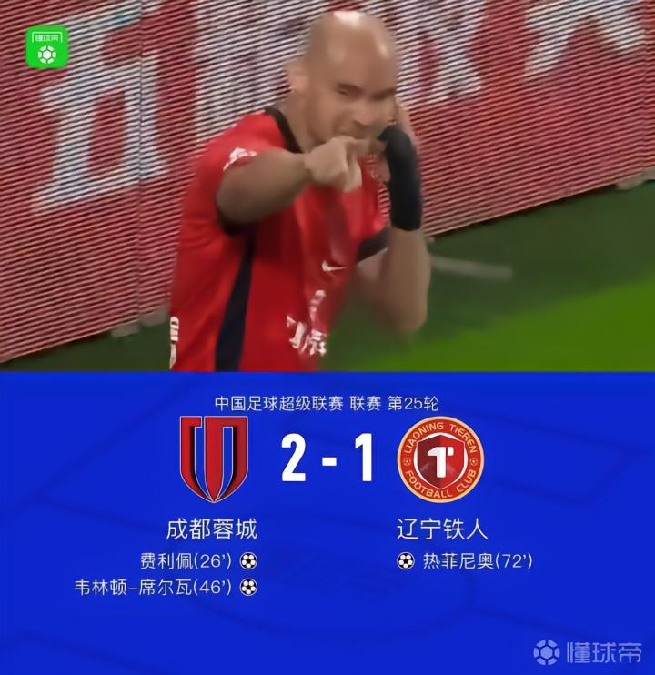 成都蓉城2-1战胜辽宁铁人，提前锁定冠军