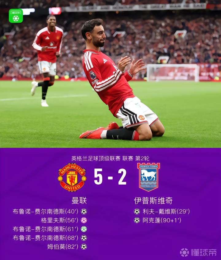 曼联5-2战胜伊普斯维奇,B费上演帽子戏法,姆伯莫破门,库尼亚造点